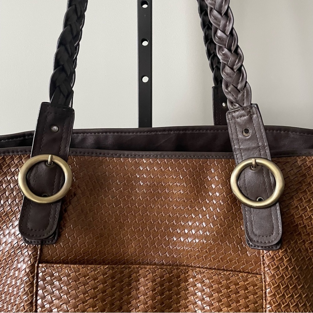Bueno Large Woven Braided Boho Tote Bag XL Purse Brown Cognac Vegan Faux Leather - Picture 6 of 11